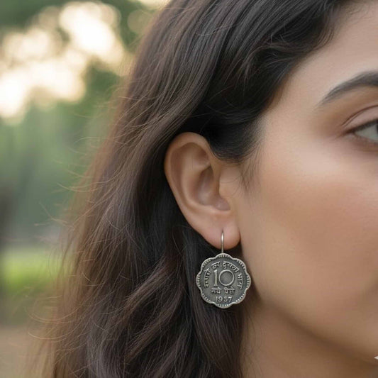 Traditional 10 Naye Paise Textured Hook Earrings