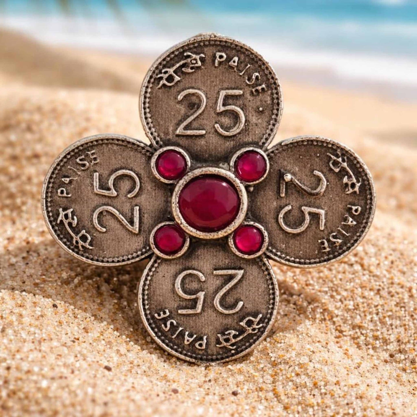 Vintage Coin Design Statement Ring with Red Stone Accent