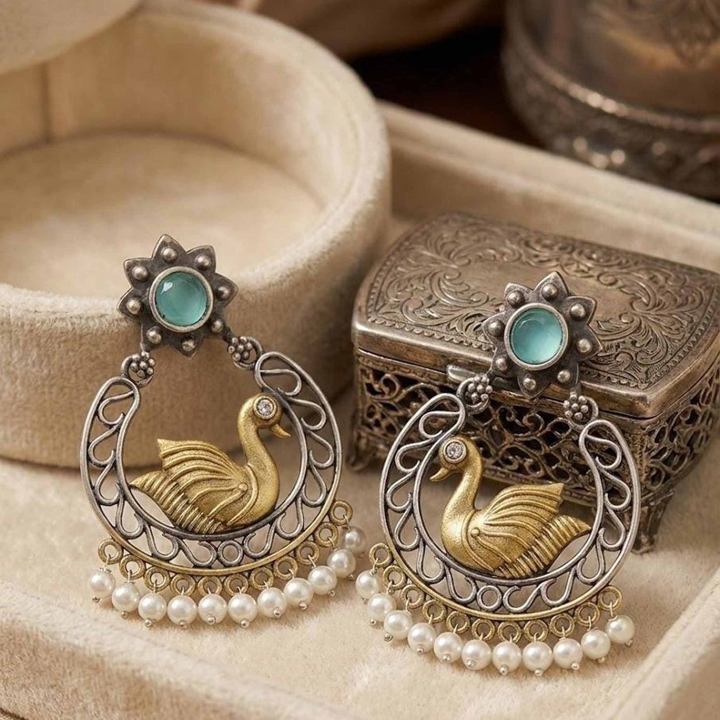 Swan Motif Pearl Drop German Silver Statement Earrings