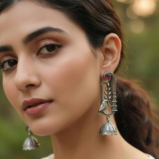Bird Motif Germn Silver Jhumka Earrings with Ruby Stone Accent