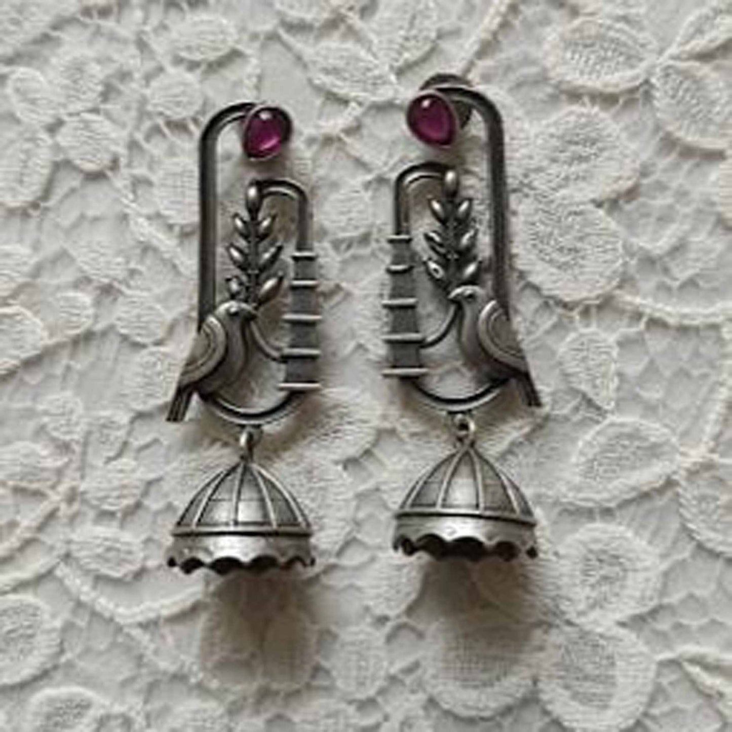 Bird Motif Germn Silver Jhumka Earrings with Ruby Stone Accent