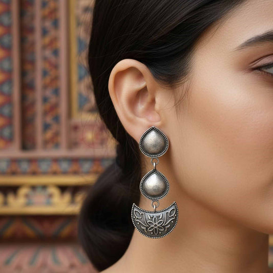 German Silver Bund drop & Half-Moon Dangle Earrings