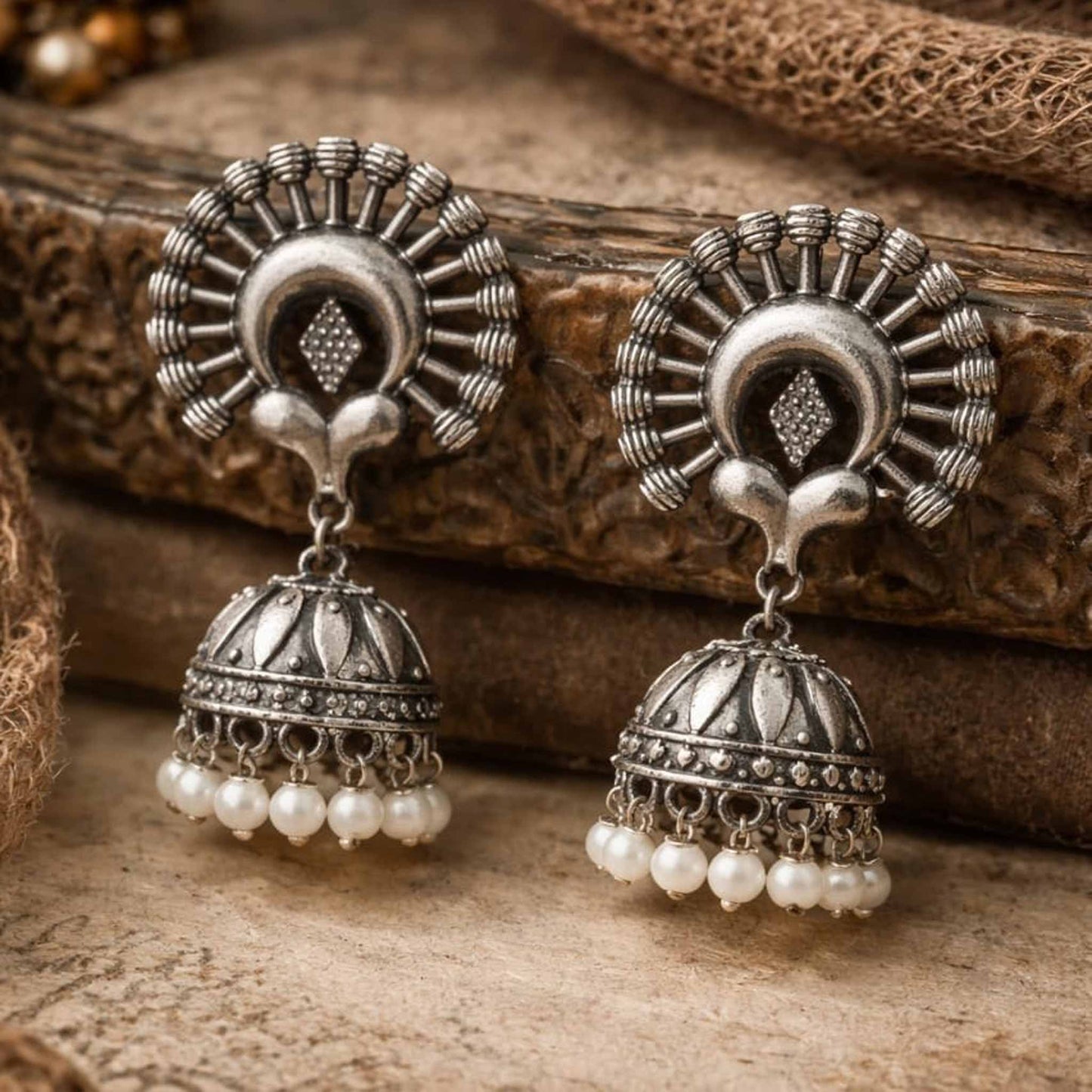 Sunburst Tribal Jhumka Earrings with Pearl Drops