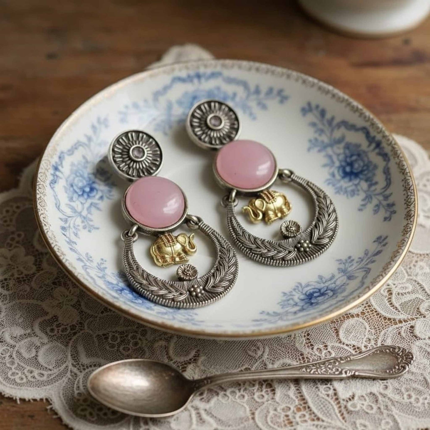 Pink Stone Elephant Charm Ethnic Earrings