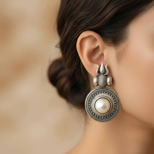 German Silver Trishul Mandala Pearl Temple Drop Earrings