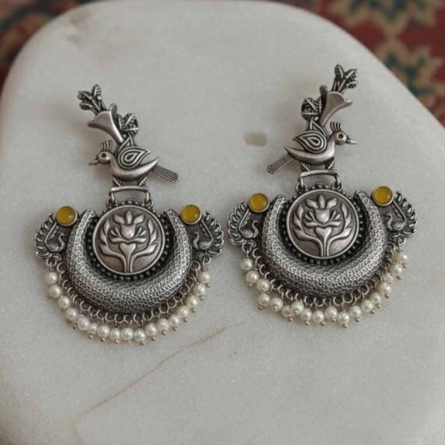 Bird & Lotus Motif German Silver Statement Chandbali Earrings
