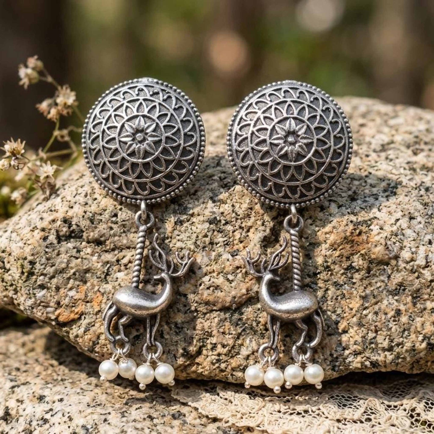 Deer Motif Mandala Drop Earrings with Pearl Detailing