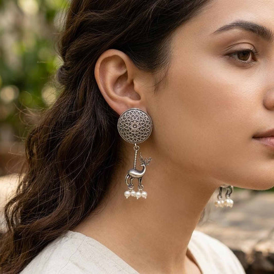 Deer Motif Mandala Drop Earrings with Pearl Detailing