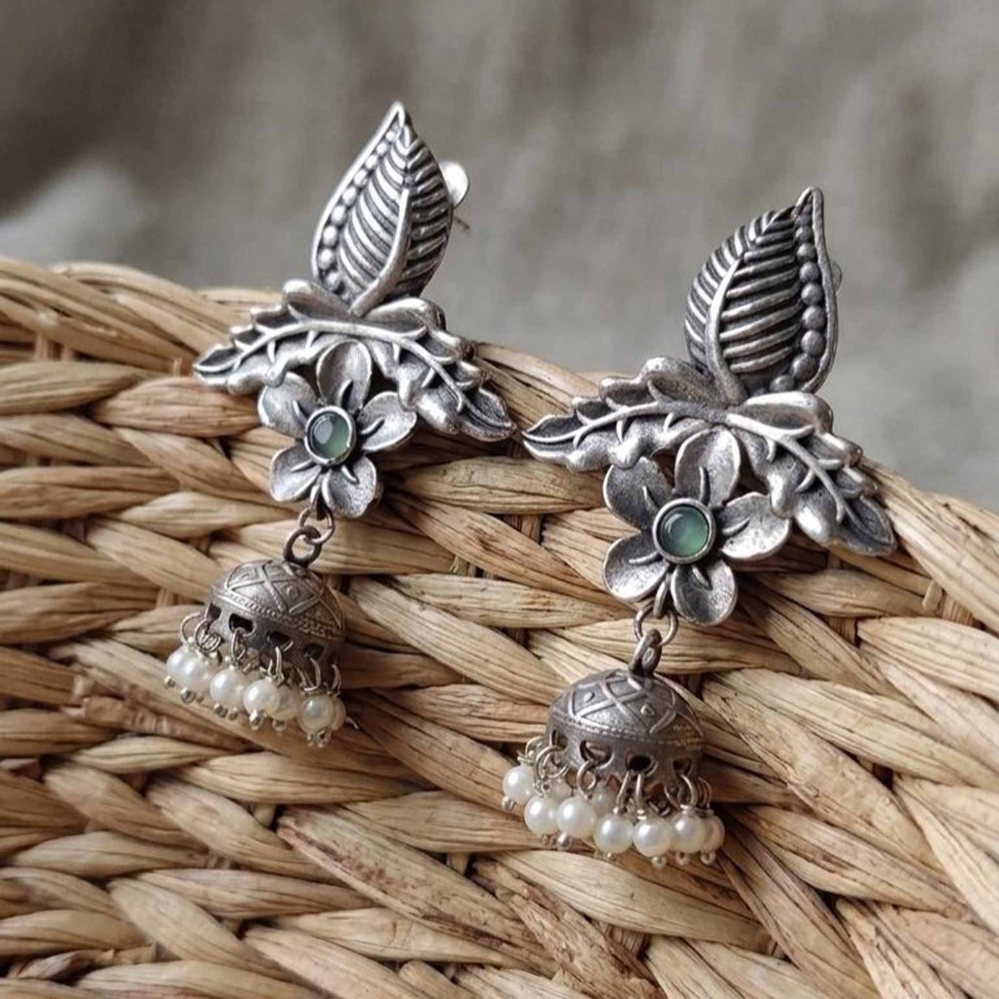 Woven basket styled floral leaf pearl ghumki earrings