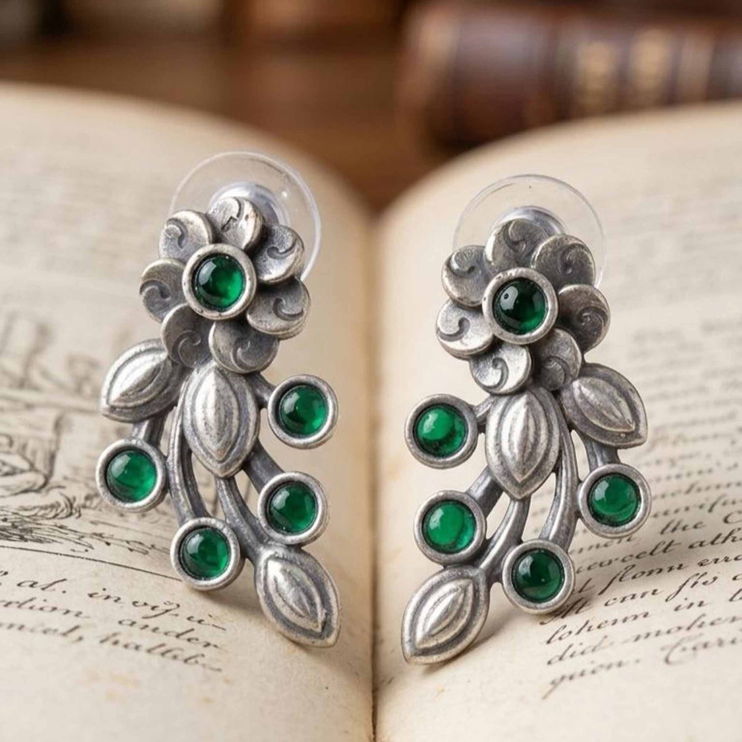 Vintage styled German Silver green stone earrings