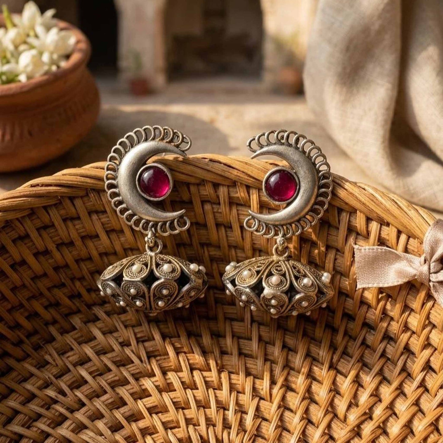 Moonstone Basket Jhumki Earrings wicker basket styling