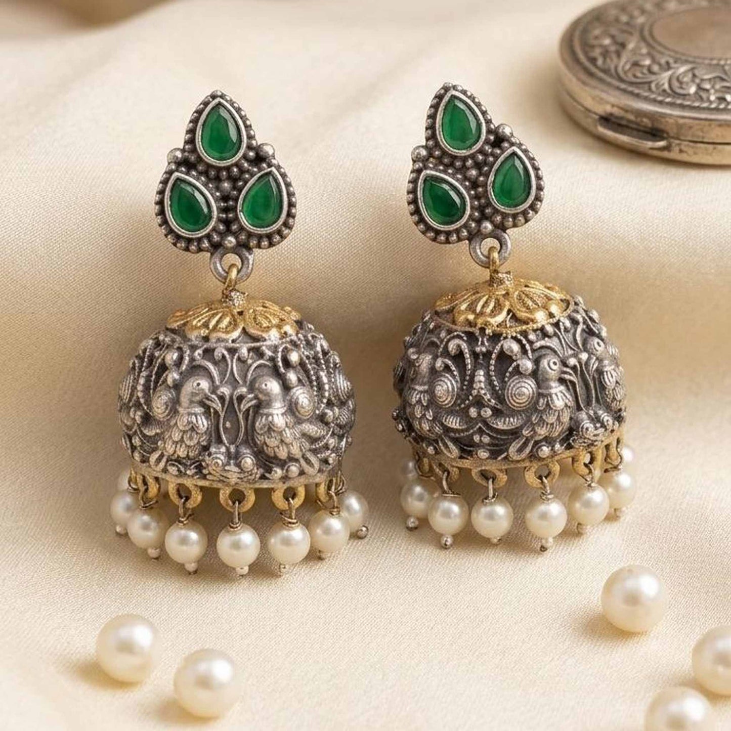 Emerald German Silver jhumka earrings with pearls