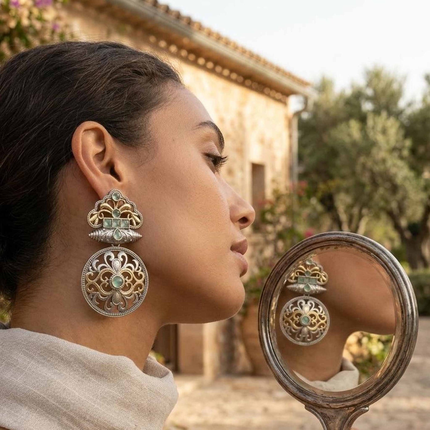 German Silver Floral Dangle Statement Earrings - Image 2