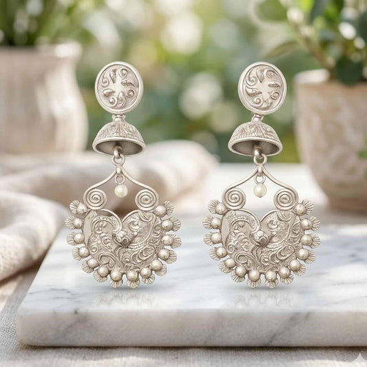 StuffByShweta German Silver Floral Peacock Jhumka - Image 2