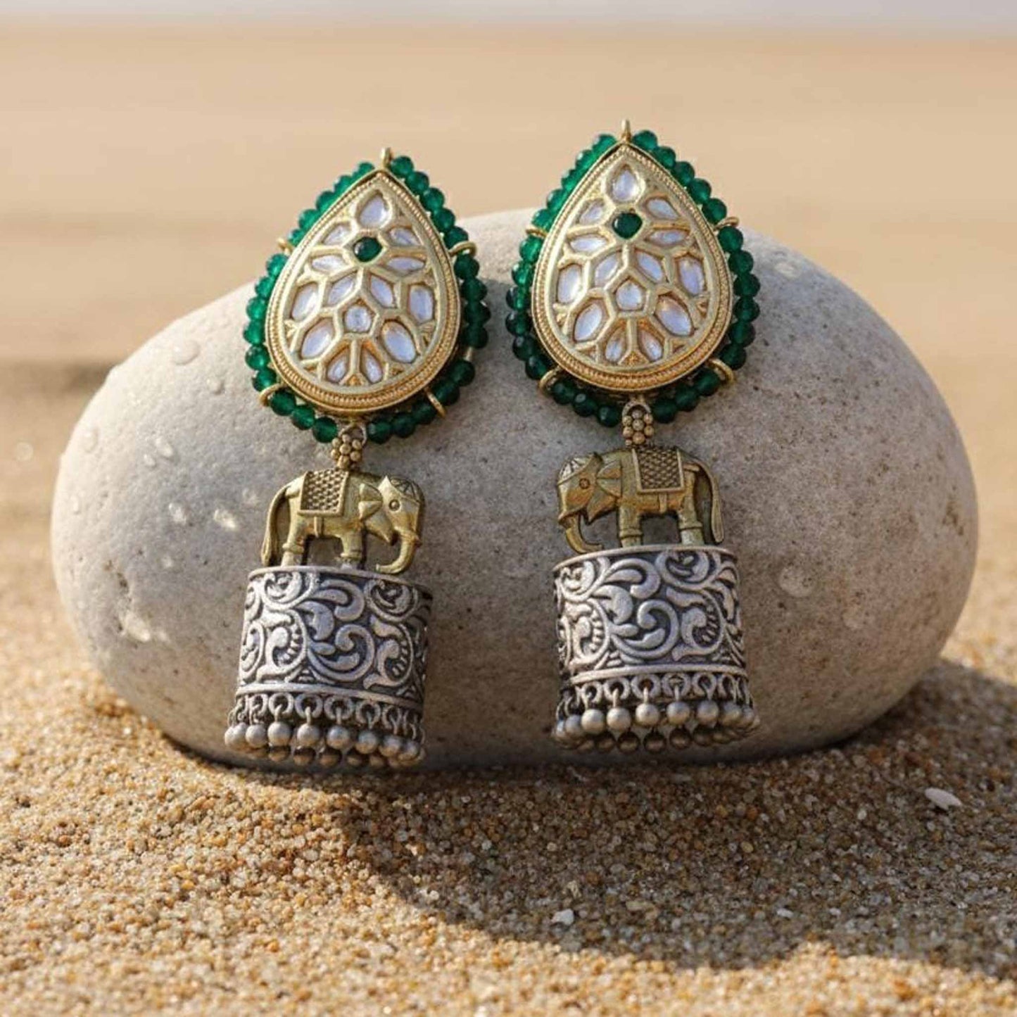 Royal Elephant Motif Kundan Jhumka Earrings with Green Beads