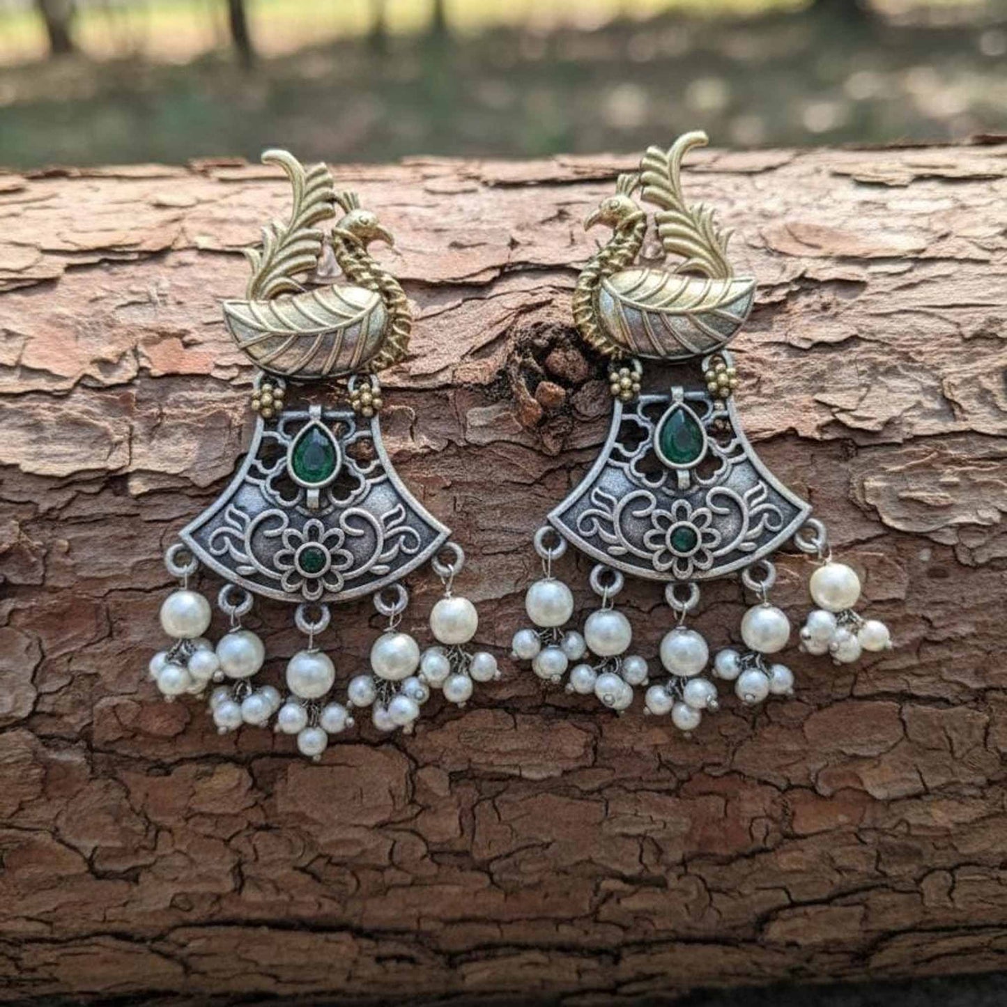 Dual Tone Peacock Motif Pearl Drop Statement Earrings