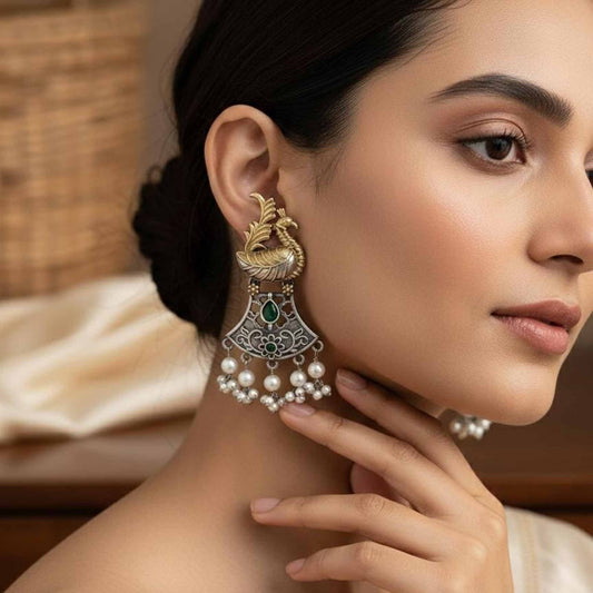 Dual Tone Peacock Motif Pearl Drop Statement Earrings