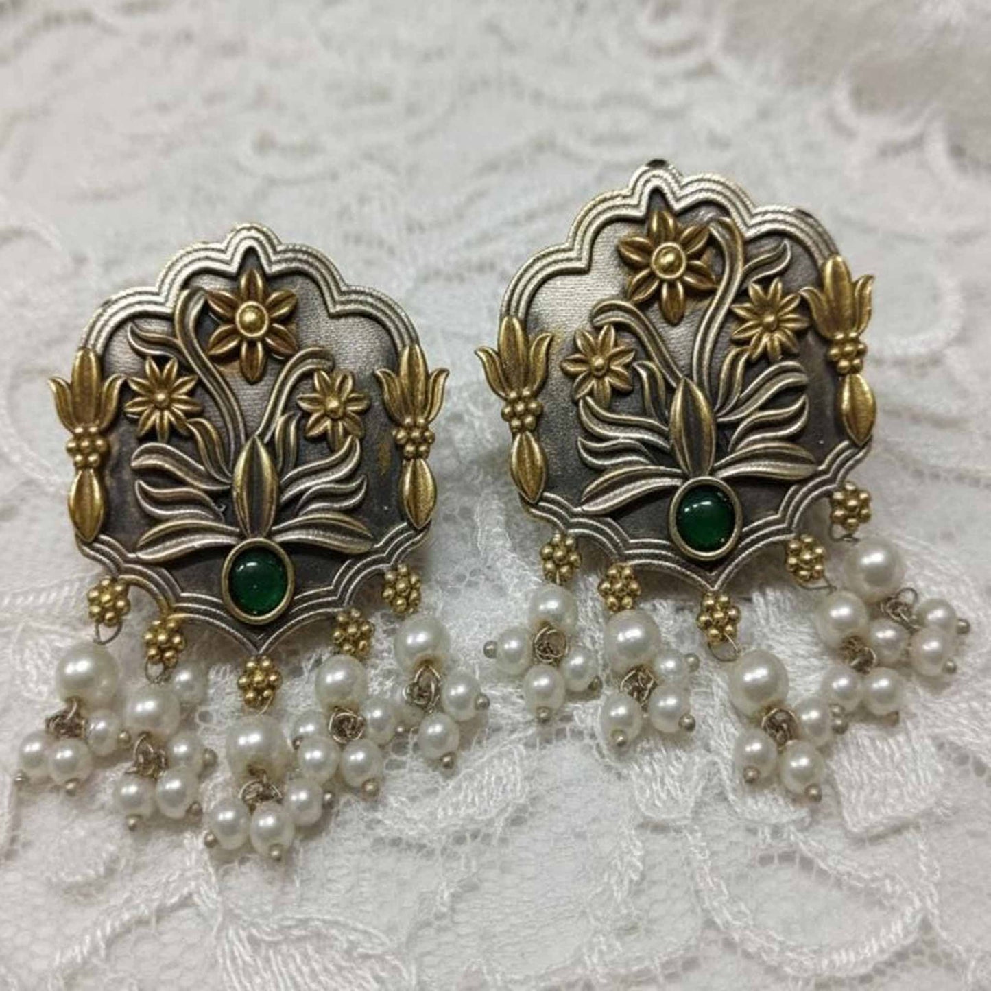 Antique Floral Motif Stud Earrings with Green Stone & Pearl Drops