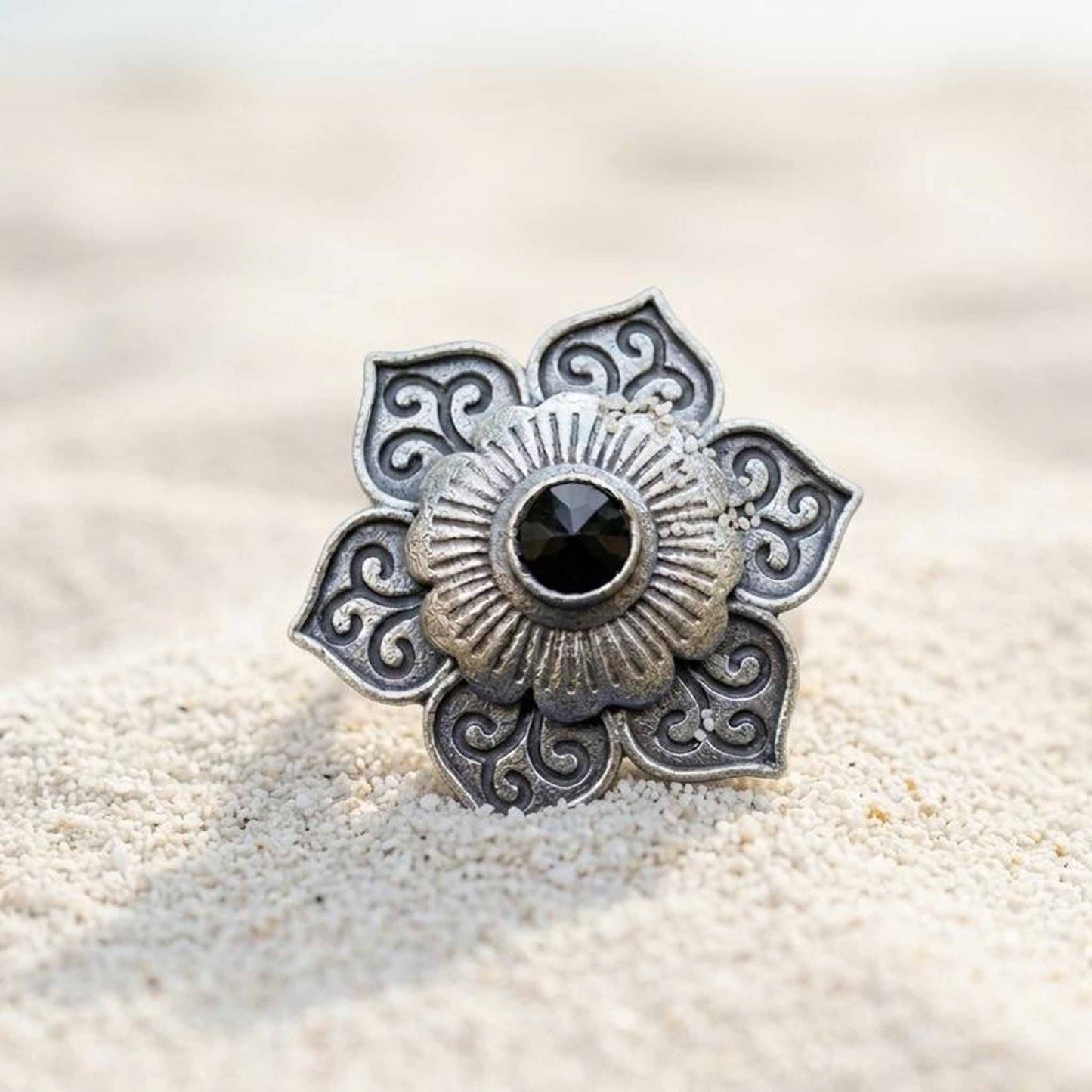 Floral Mandala German Silver Statement Ring with Black Stone