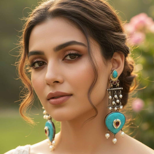 Turquoise Stone Statement Drop Earrings with Pearl Dangling