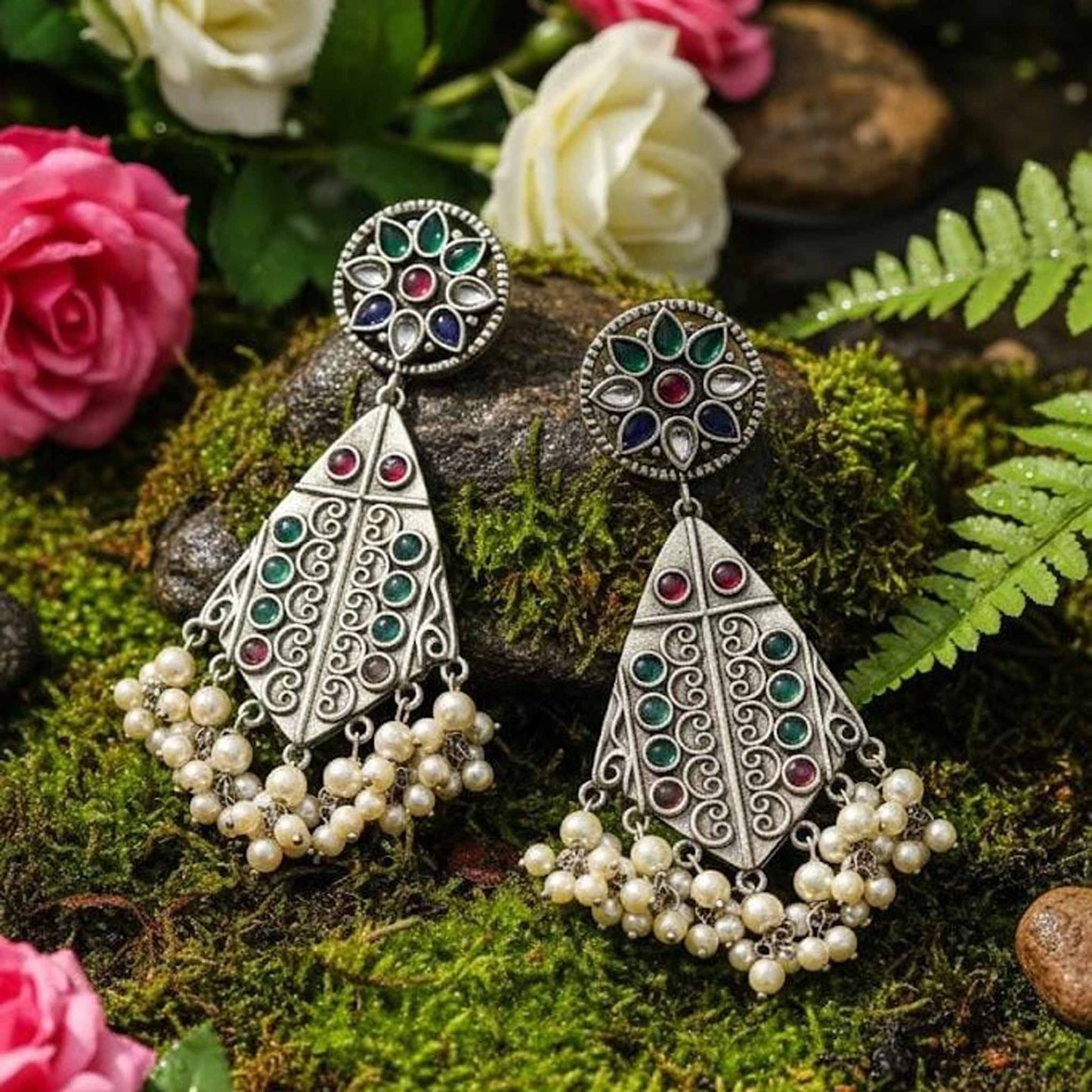 German Silver Multicolor Pearl Drop Statement Earrings