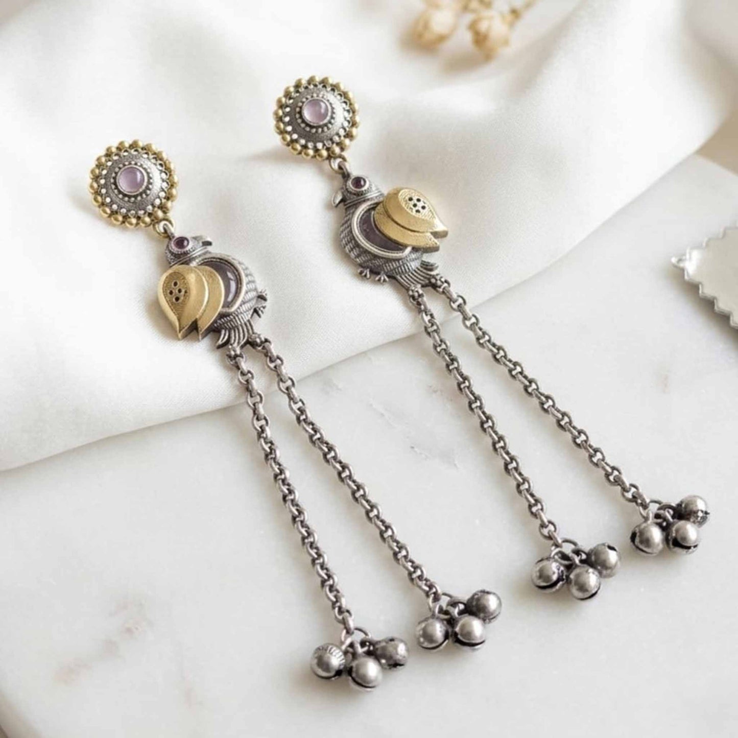 Peacock Motif Dual Tone Long Chain Kashmiri German Silver Statement Earrings