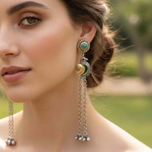 Peacock Motif Dual Tone Long Chain Kashmiri German Silver Statement Earrings