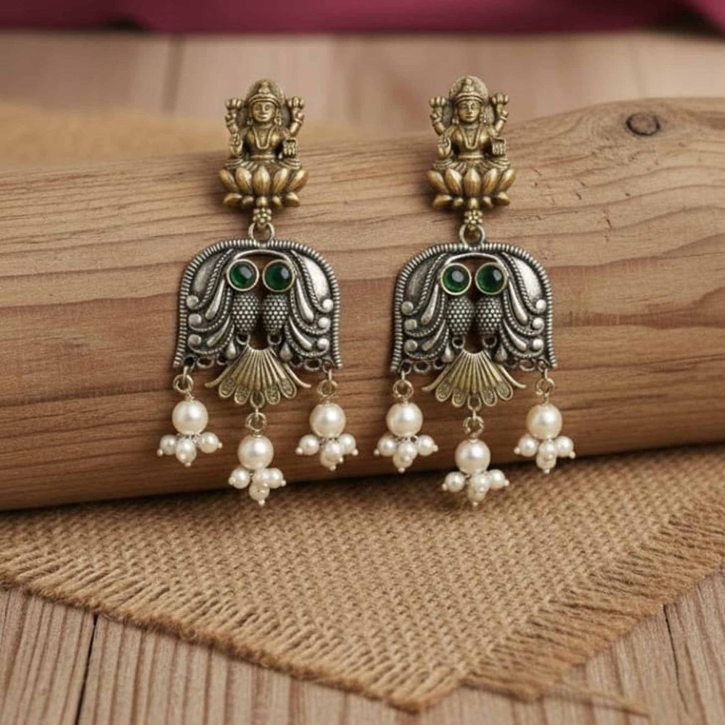 Lakshmi Owl Design Dual Tone Statement Earrings with Pearl Drops
