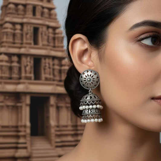 Mandala Sunburst German Silver Double Layer Jhumka Earrings with Pearl Drops