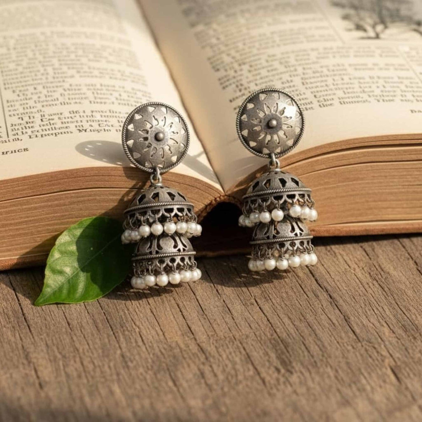 Mandala Sunburst German Silver Double Layer Jhumka Earrings with Pearl Drops