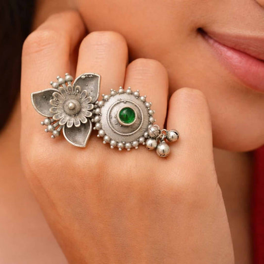 Floral Green Stone German Silver Statement Ring for Women