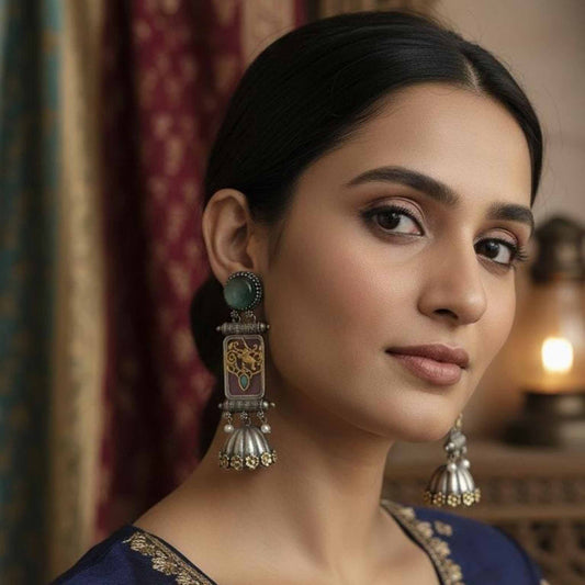 Royal Elephant Motif Temple Jhumka Earrings with Green Stone