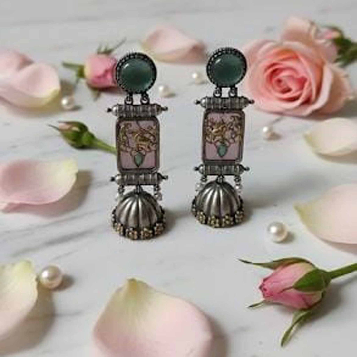 Royal Elephant Motif Temple Jhumka Earrings with Green Stone