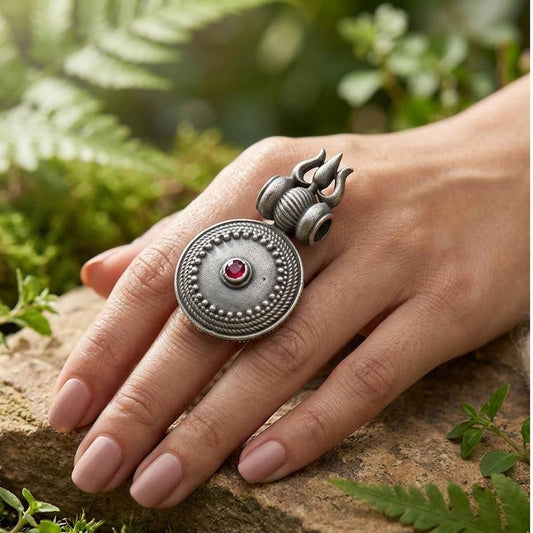 Trishul Design German Silver Statement Ring for Women