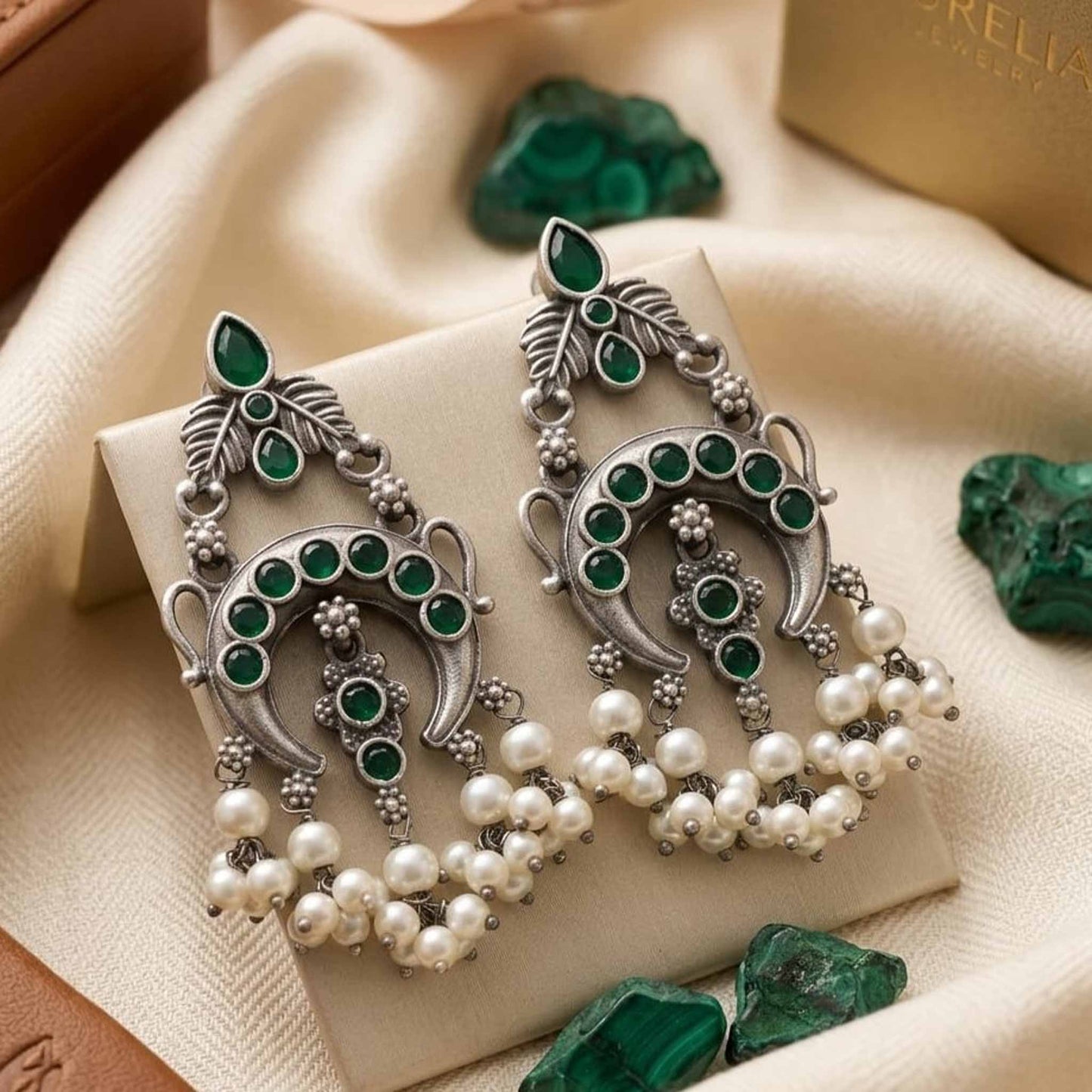German Silver Pearl Drop Chandbali Earrings