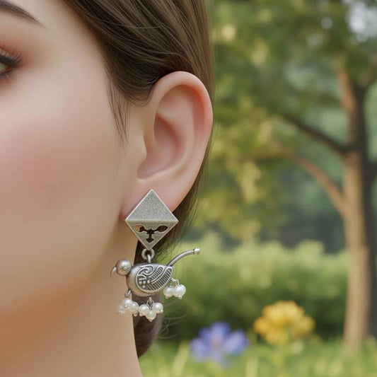 Parrot Pearl Drop German Silver Earrings – Ethnic Statement Studs