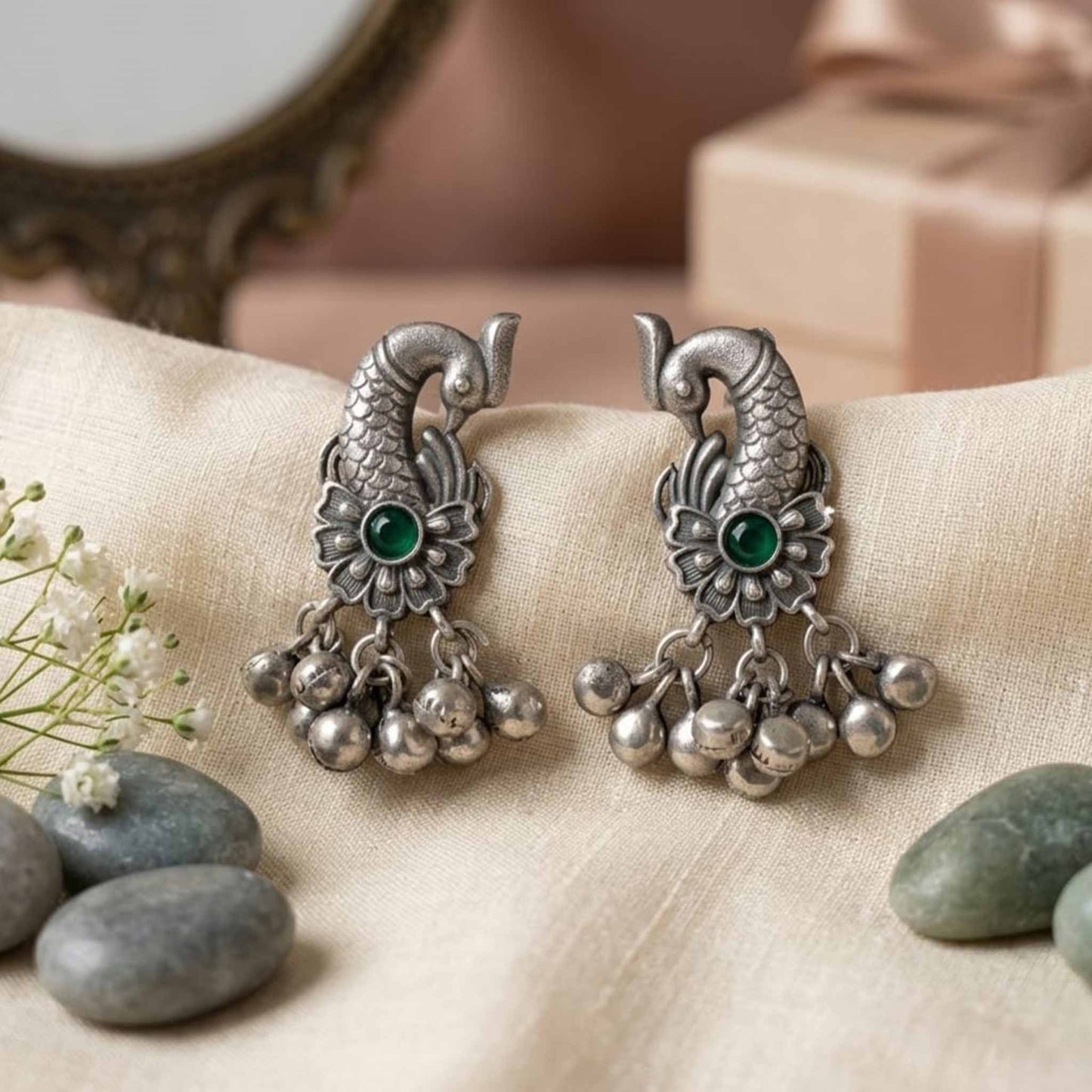 Peacock Floral German Silver Dangle Earrings with Ghungroo Drops