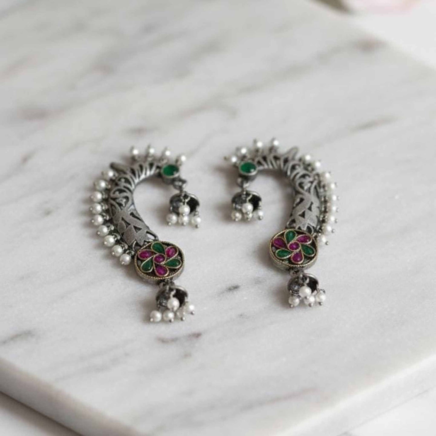 Traditional Crescent Floral Cuff Earrings with Pearl Drops