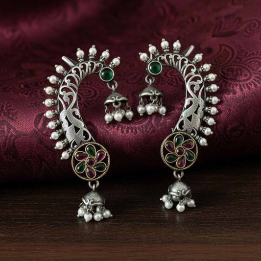 Traditional Crescent Floral Cuff Earrings with Pearl Drops