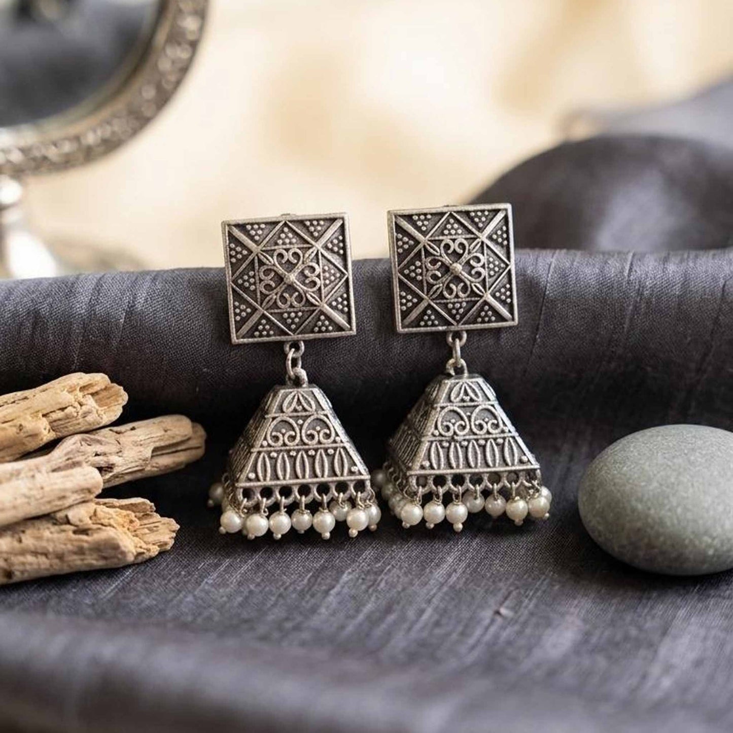 Tribal Square Pearl Jhumka Earrings