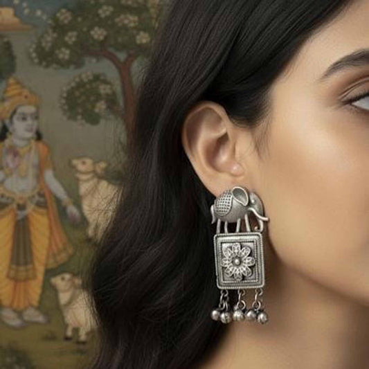 Elephant Motif Ethnic Drop Earrings with Floral Detailing