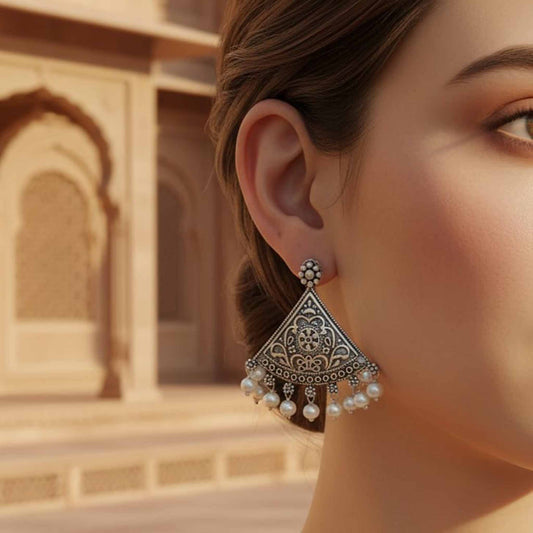 Triangle Pearl Drop German Silver Earrings – Ethnic Statement Studs