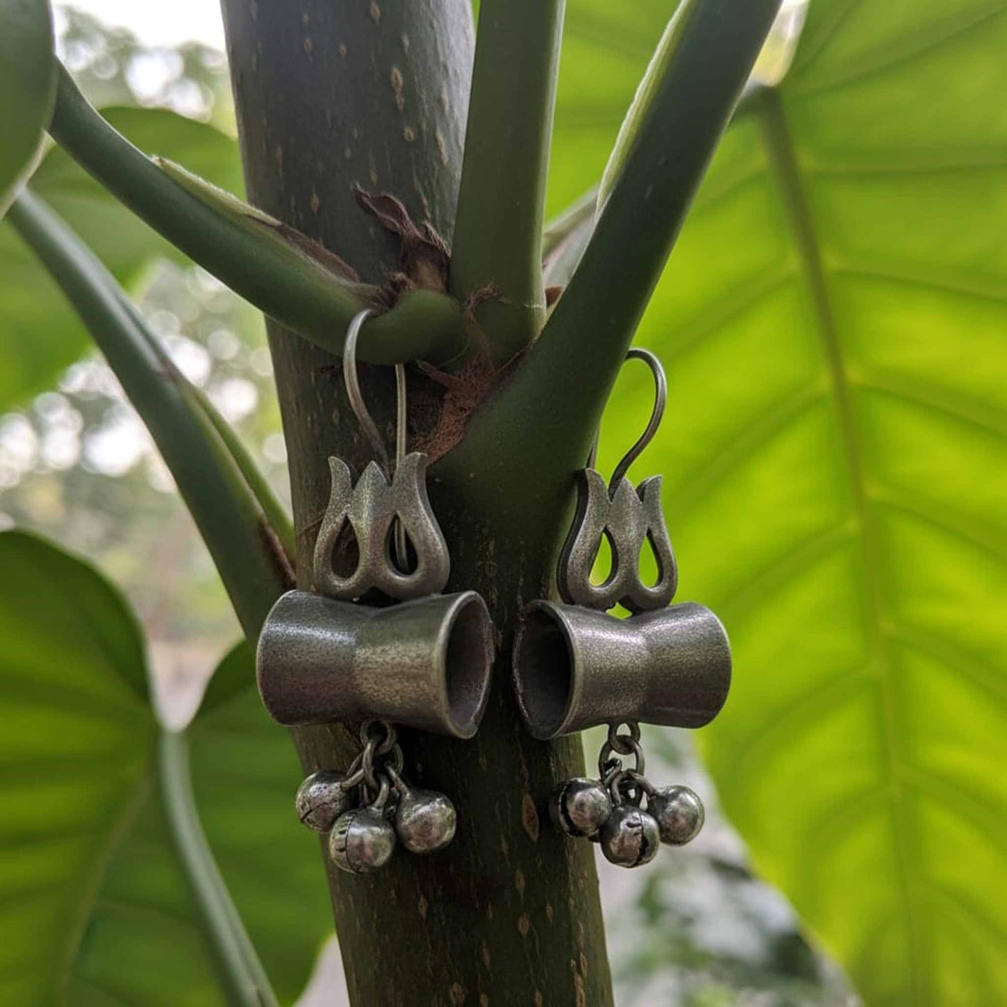 Minimal Tribal German Silver Hook Earrings with Ghungroo Charm