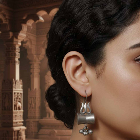 Minimal Tribal German Silver Hook Earrings with Ghungroo Charm