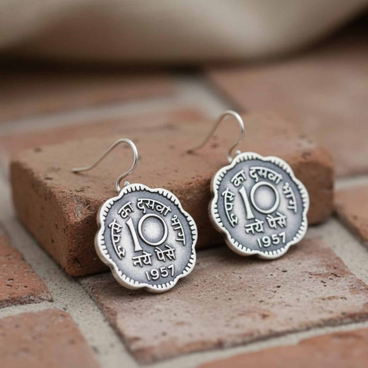 Traditional 10 Naye Paise Textured Hook Earrings