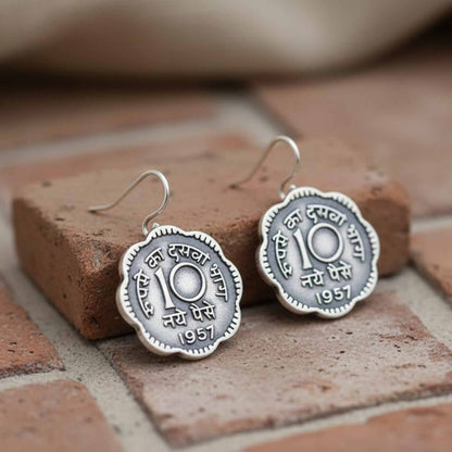 Traditional 10 Naye Paise Textured Hook Earrings