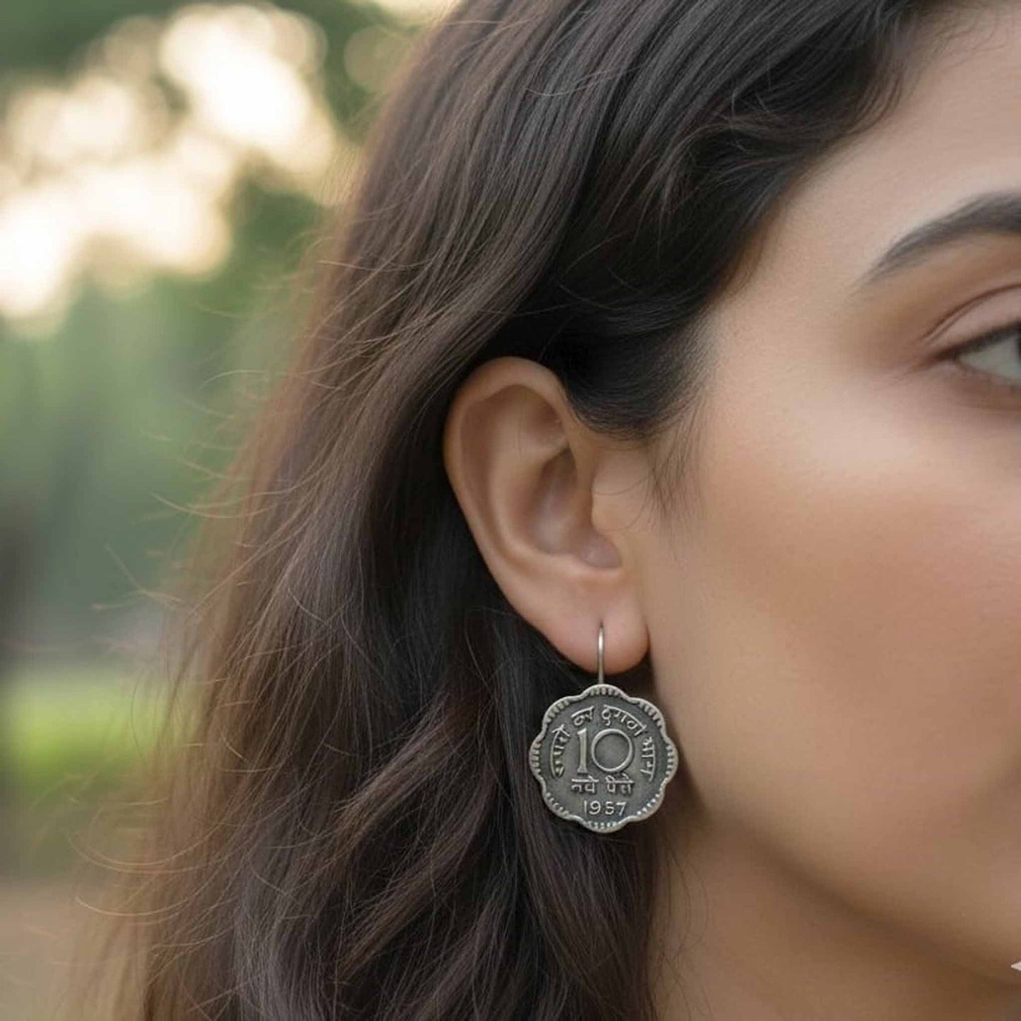 Traditional 10 Naye Paise Textured Hook Earrings