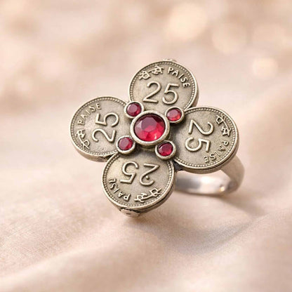 Vintage Coin Design Statement Ring with Red Stone Accent