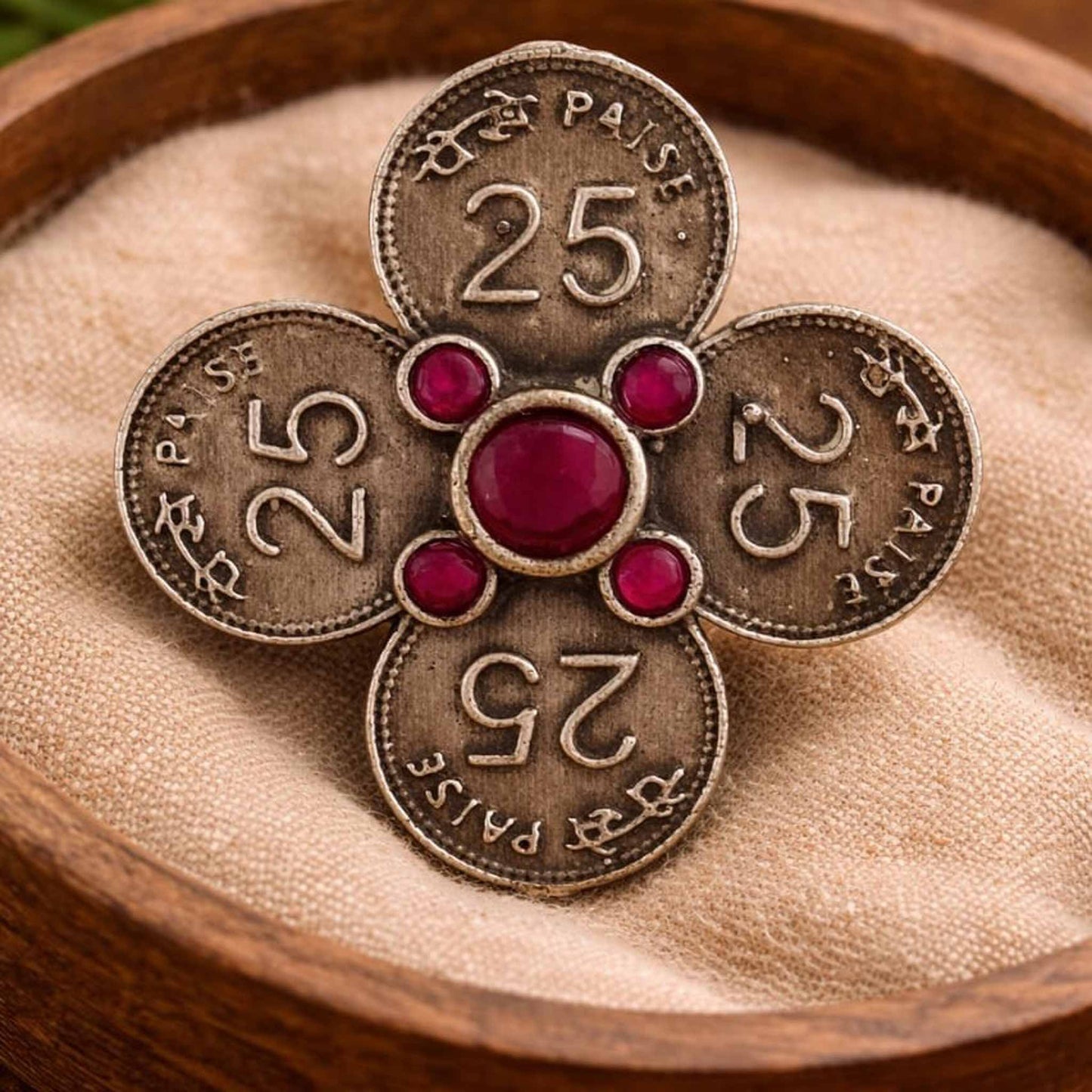 Vintage Coin Design Statement Ring with Red Stone Accent
