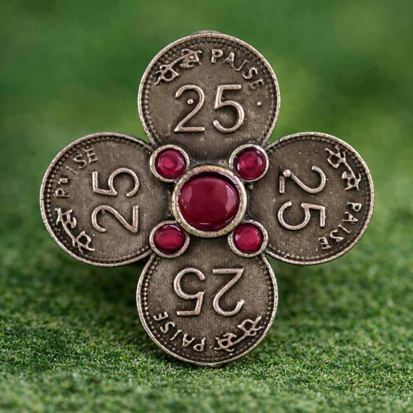Vintage Coin Design Statement Ring with Red Stone Accent
